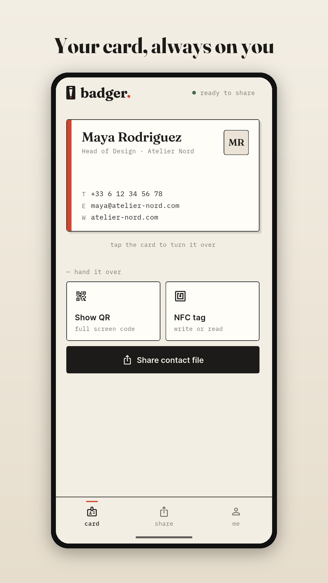 Badger showing a business card with QR and NFC sharing